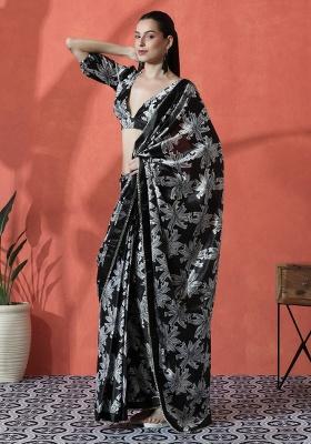 Black Printed Chinon Saree Set