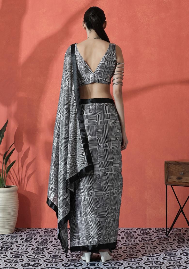 Black Printed Chinon Saree Set - Indya