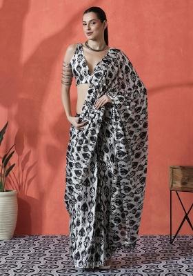 Black Printed Chinon Saree Set