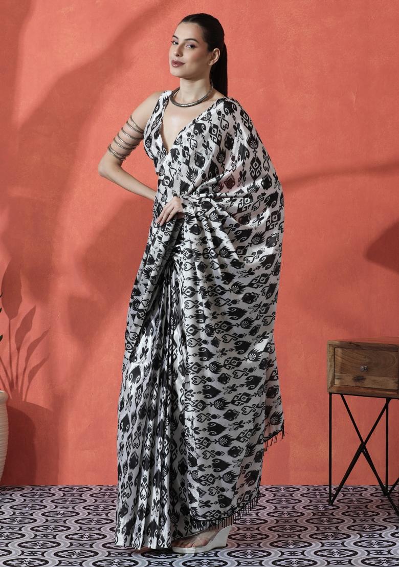 Black Printed Chinon Saree Set - Indya