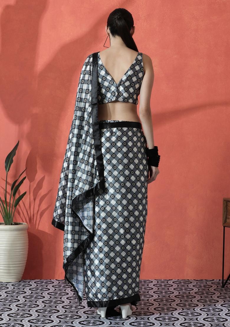 Black Printed Chinon Saree Set - Indya