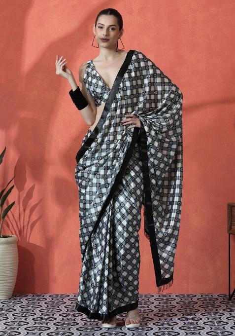 Black Printed Chinon Saree Set