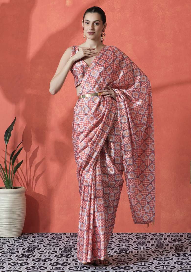 Peach Printed Chinon Saree Set for Diwali and Festive Wear - Indya