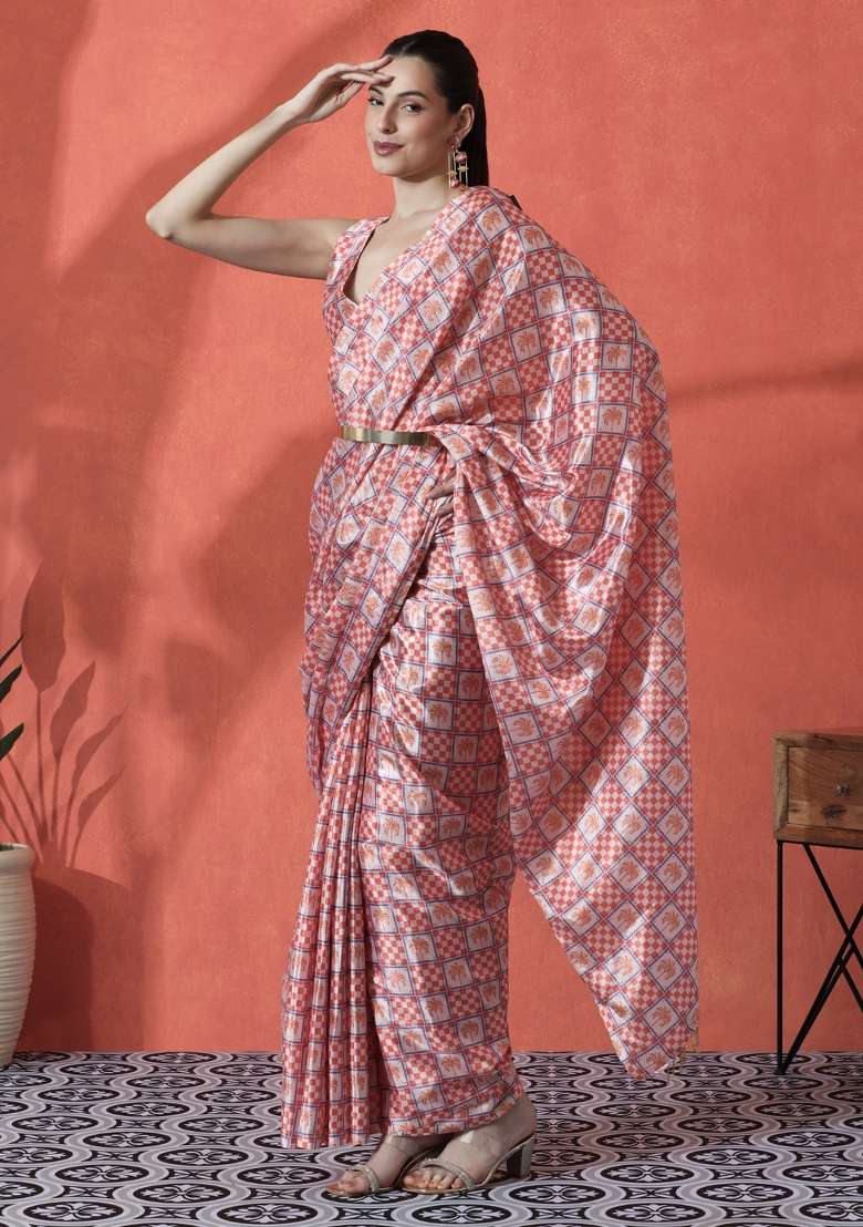 Peach Printed Chinon Saree Set for Diwali and Festive Wear - Indya