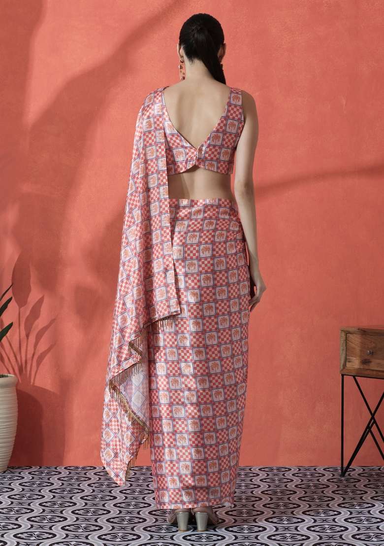 Peach Printed Chinon Saree Set for Diwali and Festive Wear - Indya