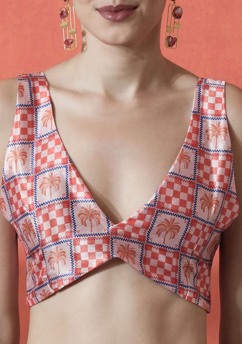 Peach Printed Chinon Saree Set for Diwali and Festive Wear - Indya