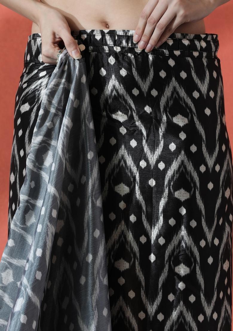 Black Printed Chinon Saree Set - Indya