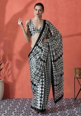 Off White Printed Chinon Saree Set