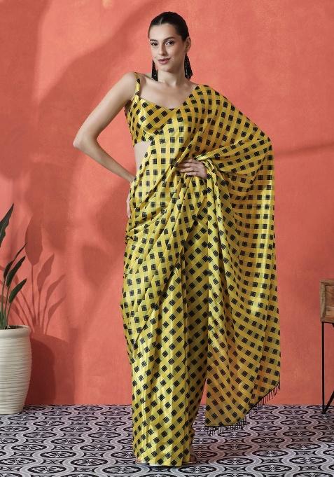 Yellow Printed Chinon Saree Set