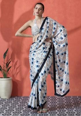 White Printed Chinon Saree Set