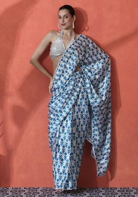 White Printed Chinon Saree Set