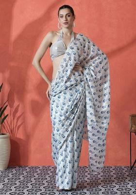 White Printed Chinon Saree Set