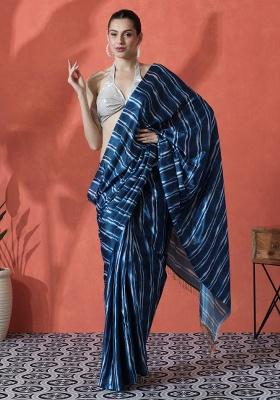 Blue Printed Chinon Saree Set