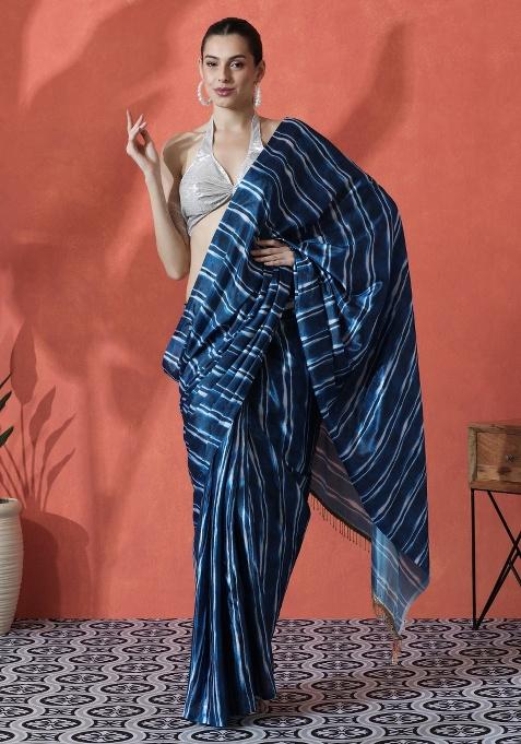 Blue Printed Chinon Saree Set