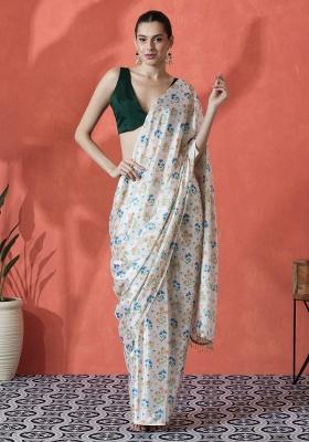Cream Printed Chinon Saree Set