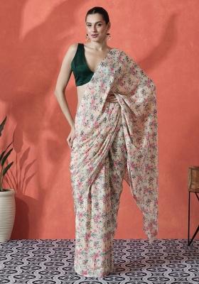 Cream Printed Chinon Saree Set