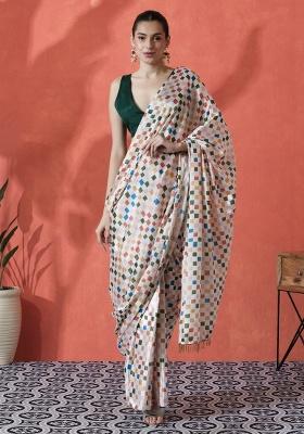 Cream Printed Chinon Saree Set