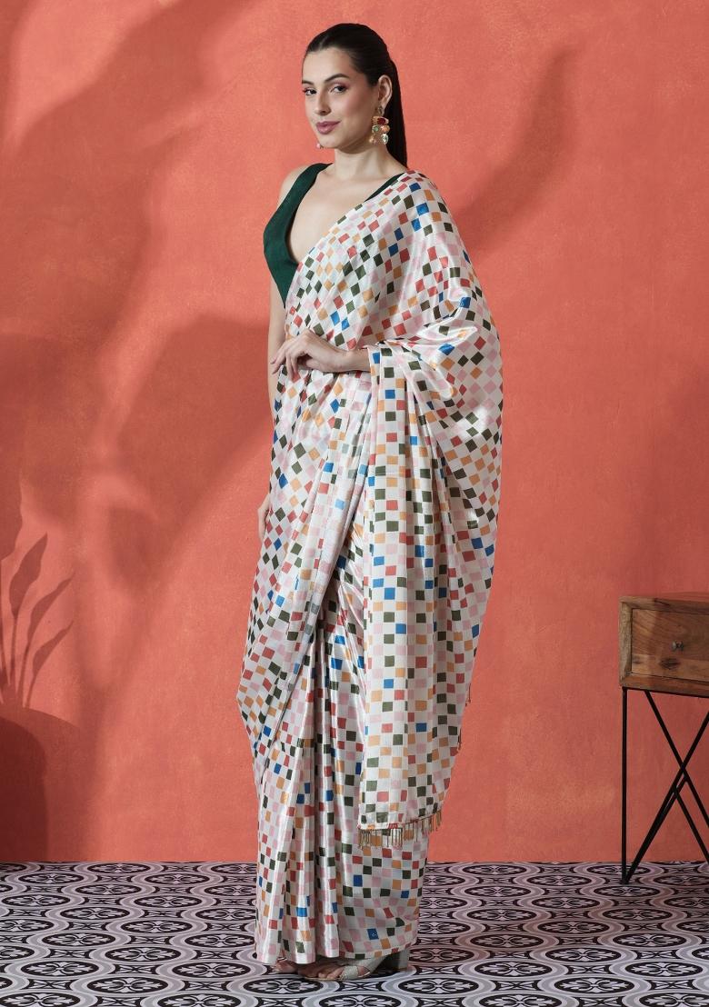 Cream Printed Chinon Saree Set - Indya