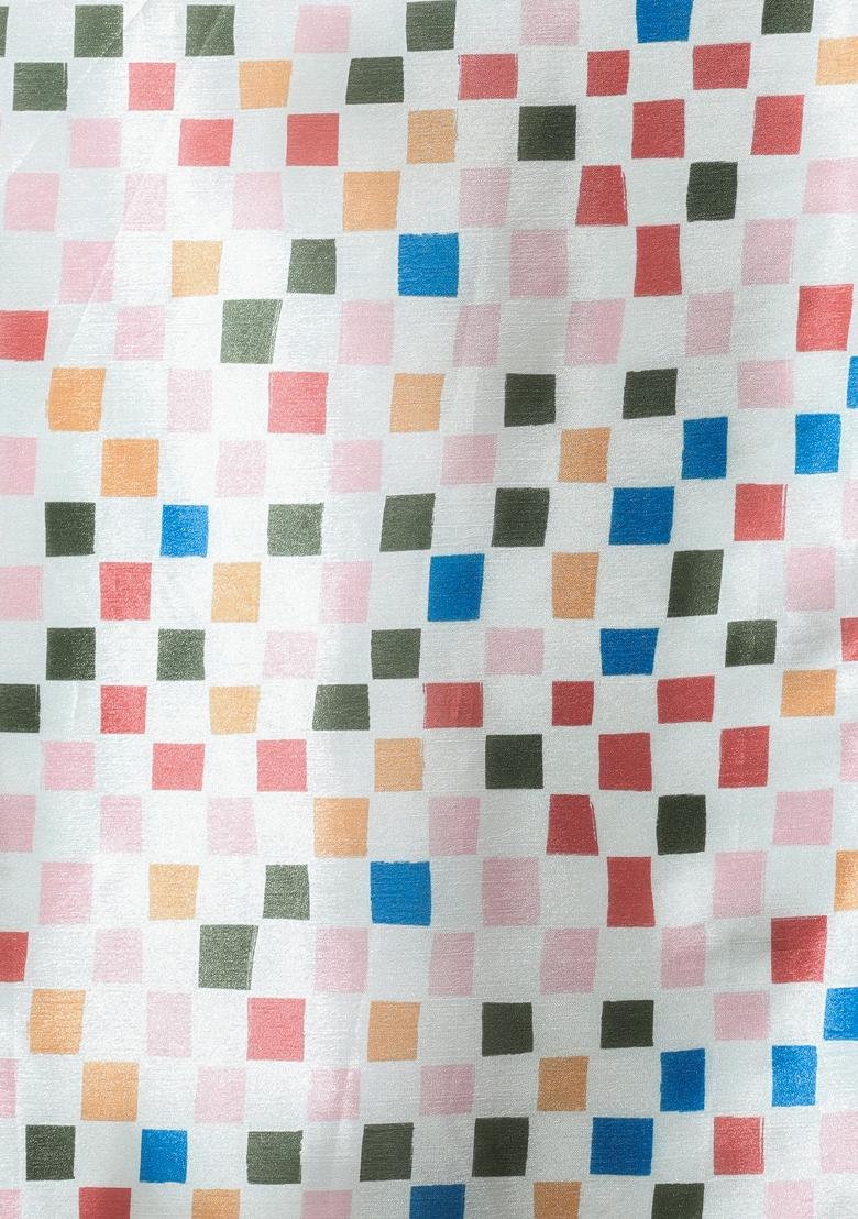 Cream Printed Chinon Saree Set - Indya