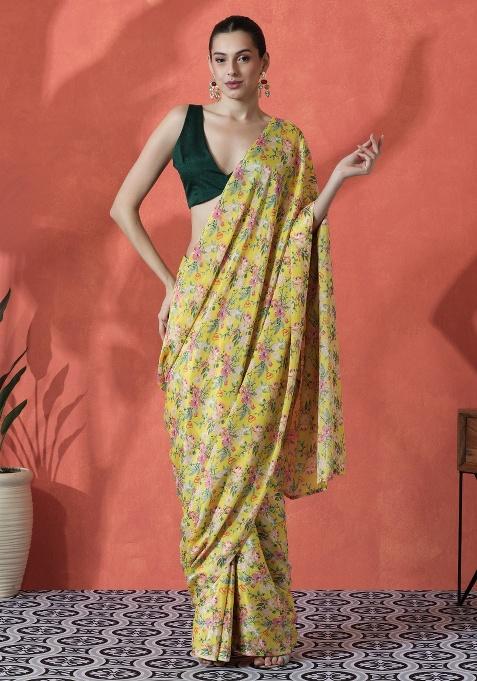 Yellow Printed Chinon Saree Set