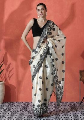 Off White Printed Chinon Saree Set