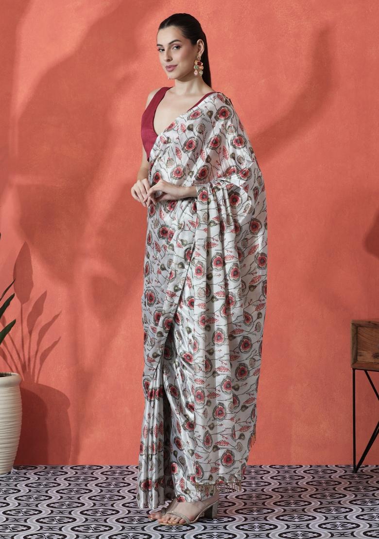 Beige Printed Chinon Saree Set - Indya