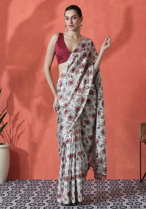 Beige Printed Chinon Saree Set
