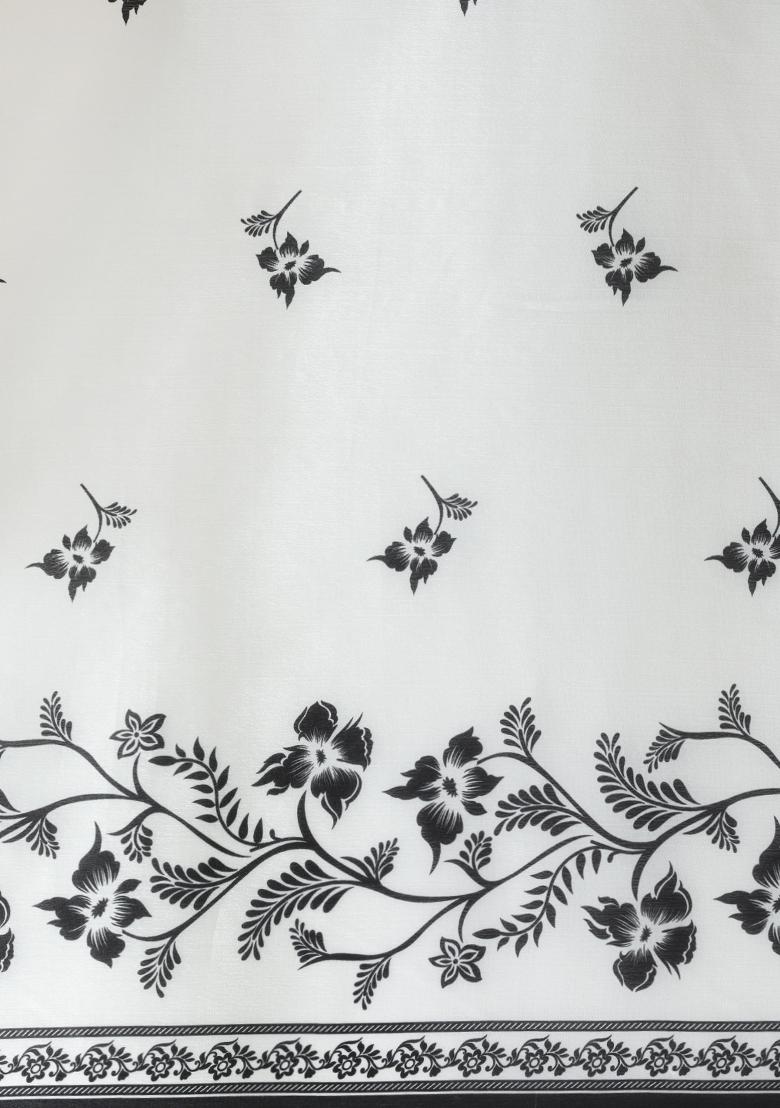 Off White Printed Chinon Saree Set - Indya