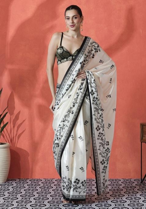 Off White Printed Chinon Saree Set