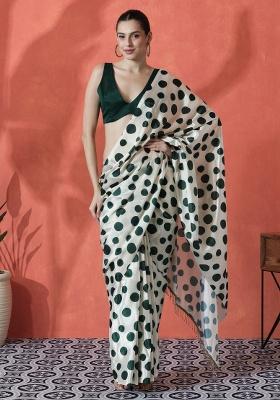 Off White Printed Chinon Saree Set