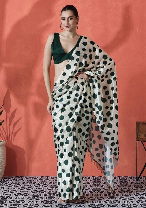 Off White Printed Chinon Saree Set