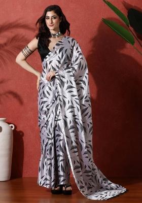 White Printed Chinon Saree Set