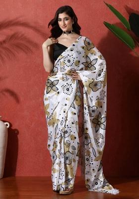 White Printed Chinon Saree Set