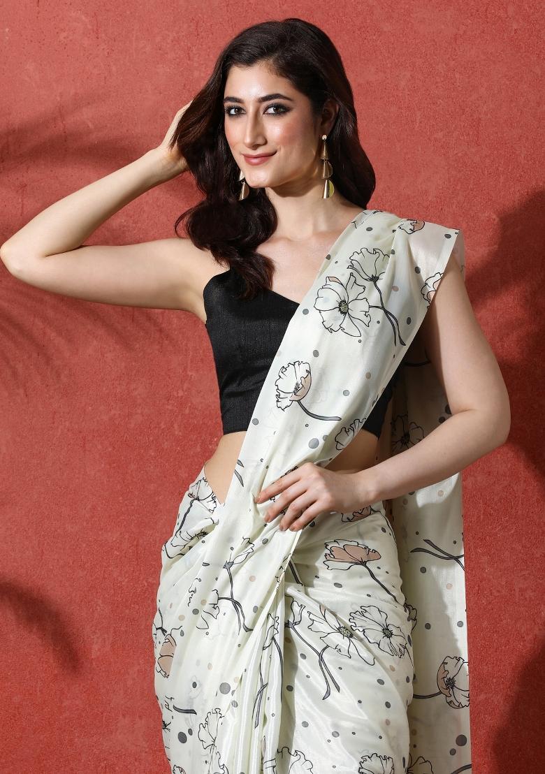 Off White Printed Chinon Saree Set - Indya