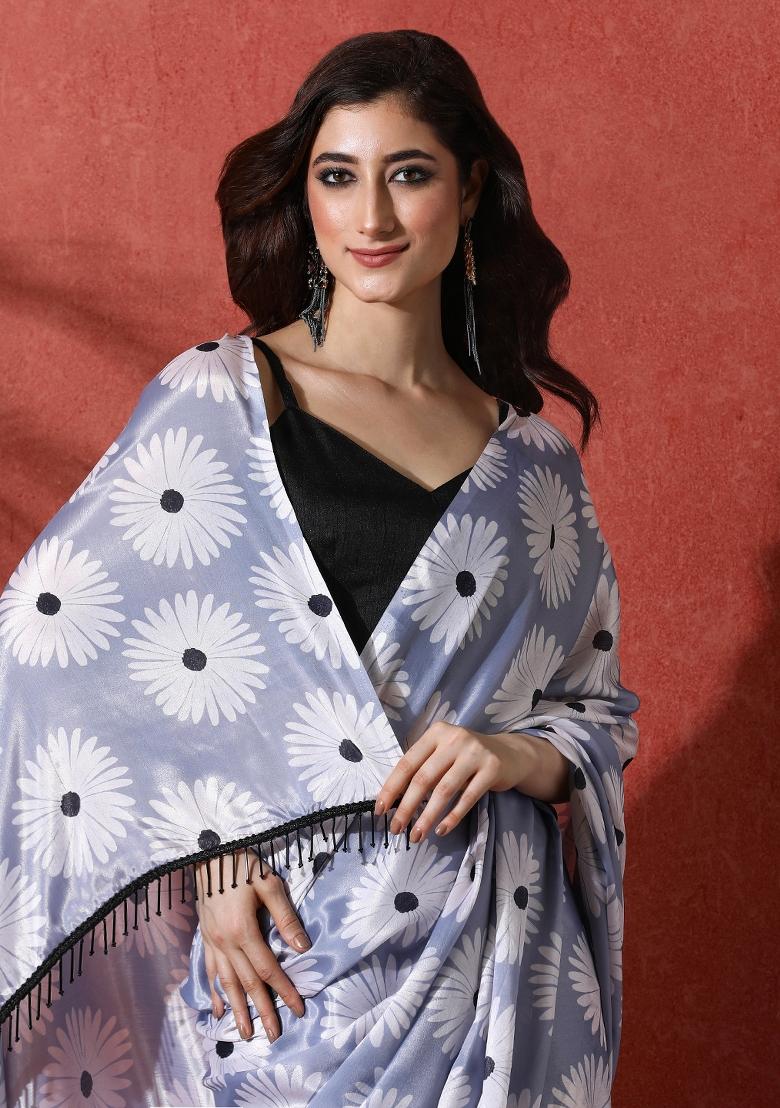 Lavender Printed Chinon Saree Set - Indya