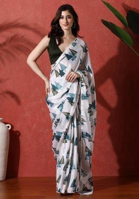 White Printed Chinon Saree Set