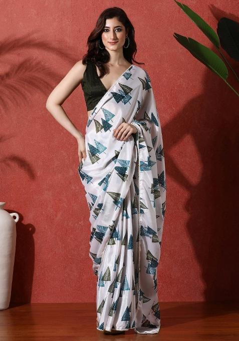 White Printed Chinon Saree Set