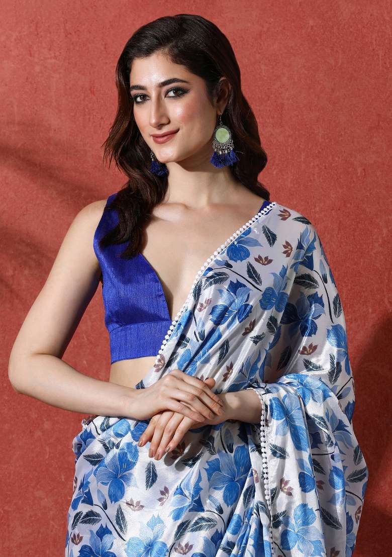 Royal Blue Printed Chinon Saree Set for Diwali and Festive Wear - Indya