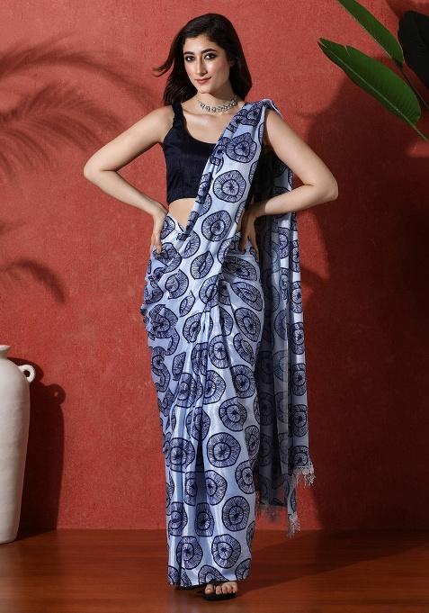 Grey Printed Chinon Saree Set