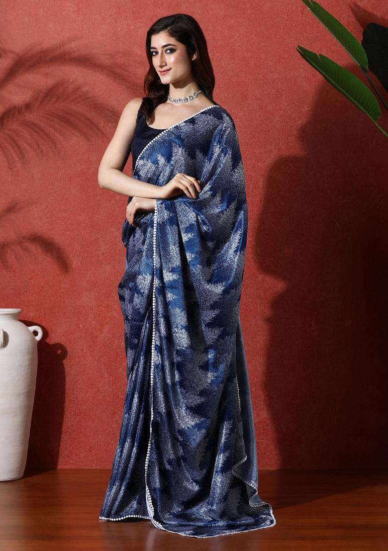 Blue Printed Chinon Saree Set - Indya
