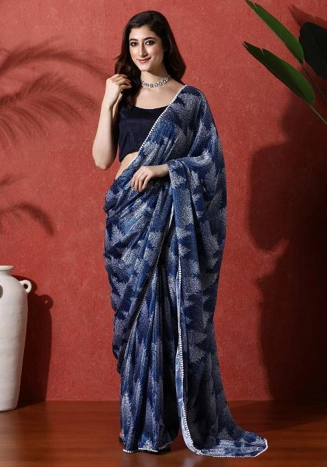 Blue Printed Chinon Saree Set