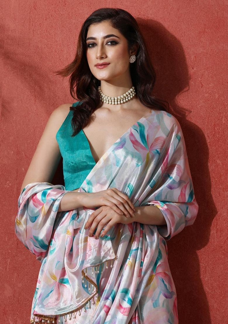 Multi Printed Chinon Saree Set