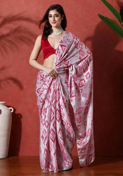 White Printed Chinon Saree Set