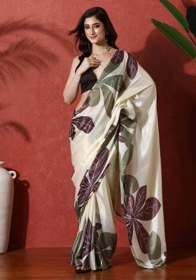 Off White Printed Chinon Saree Set