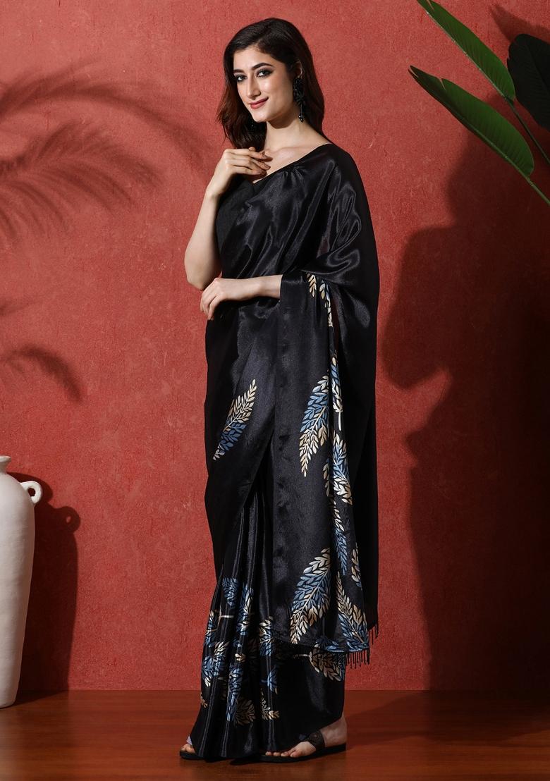 Black Printed Chinon Saree Set - Indya