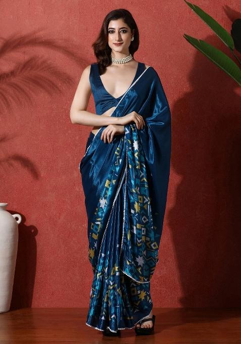 Petrol Printed Chinon Saree Set
