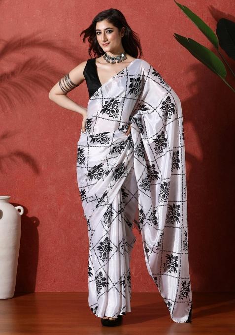 White Printed Chinon Saree Set