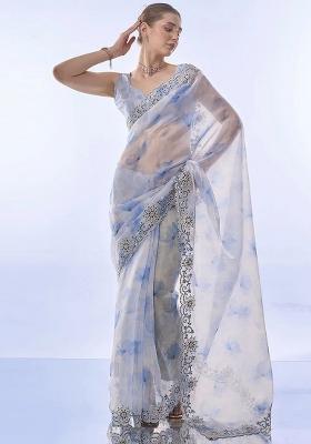 Skyblue Embroidered Silk Saree Set