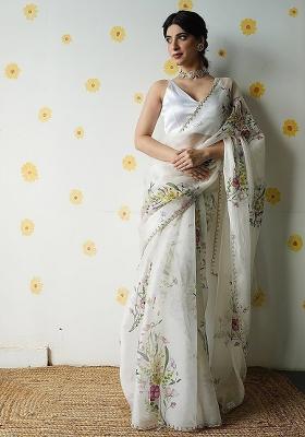 White Hand Work Silk Saree Set