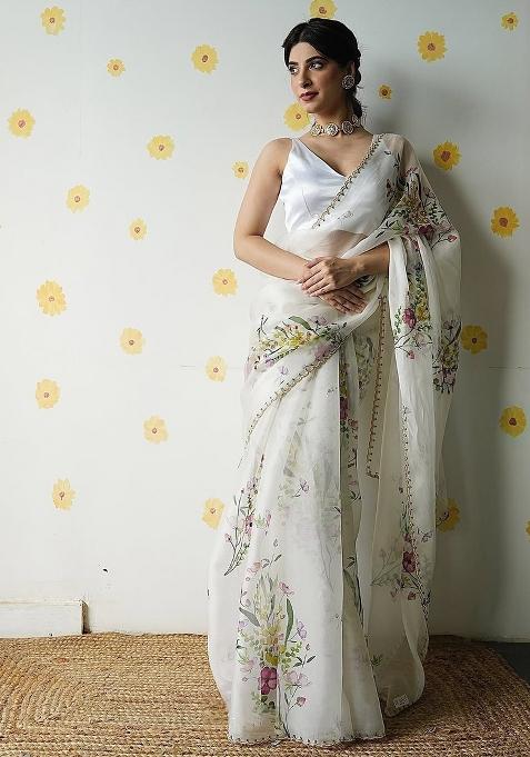 White Hand Work Silk Saree Set